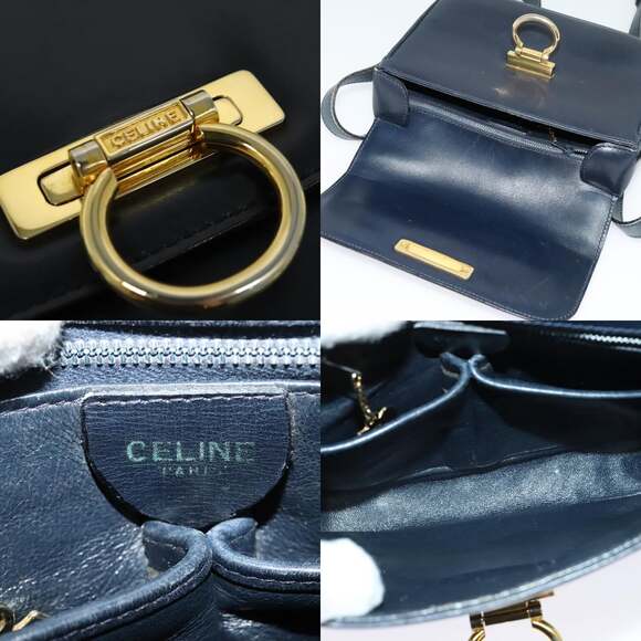 CELINE Shoulder Bag Leather Navy Gold - Picture 11 of 12